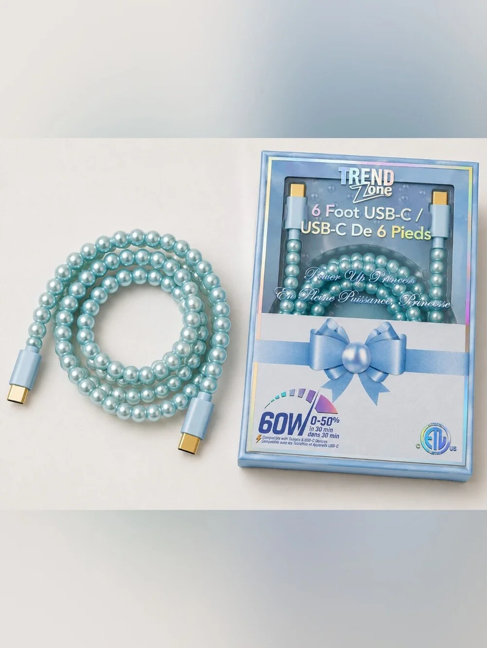Pearl-Beaded USB-C Charging Cable - Light Blue